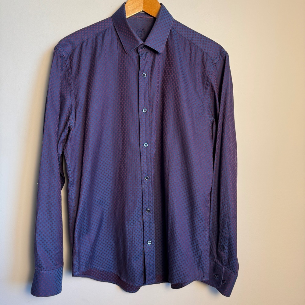 BUGATCHI UOMO Mens Vintage Casual Dress Shirt Polka Dot Button Up Shirt Purple